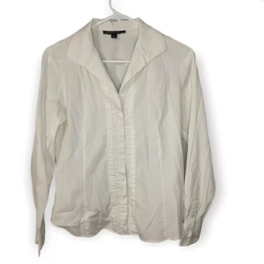 Lafayette 148 New York White Blouse Button Down Pleated Blouse Top Size 4